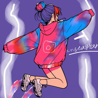 realistic girl jumping with a bun and oversized sweatshirt