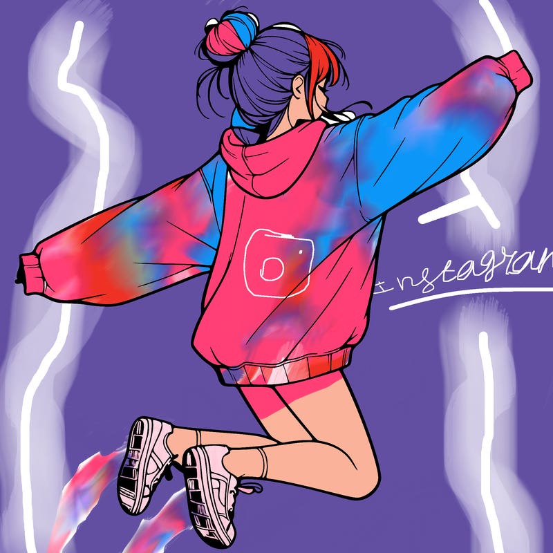 realistic girl jumping with a bun and oversized sweatshirt