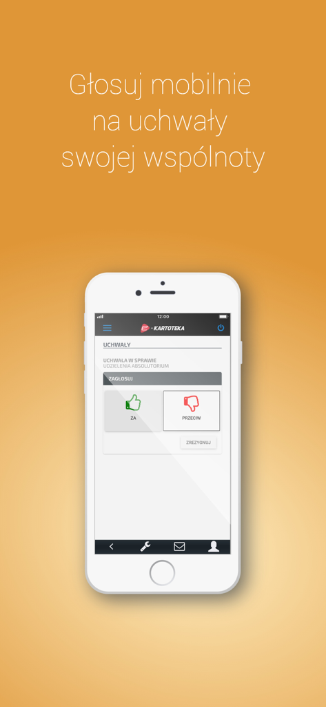 e-kartotekaアプリのコミュニティ決議デジタル投票機能を示すスマートフォン画面