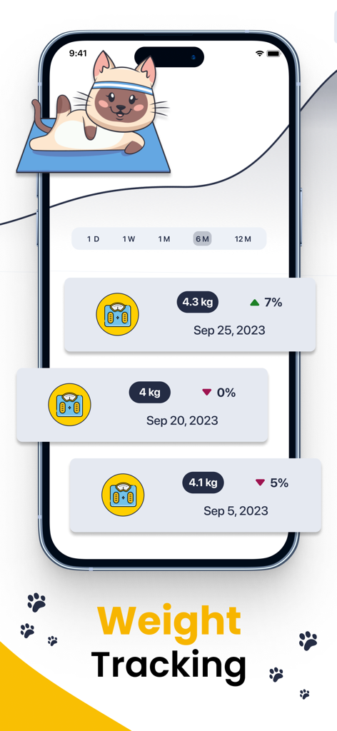 Smartphone screen showing the weight tracking log and historical data for a pet cat within the app interface
