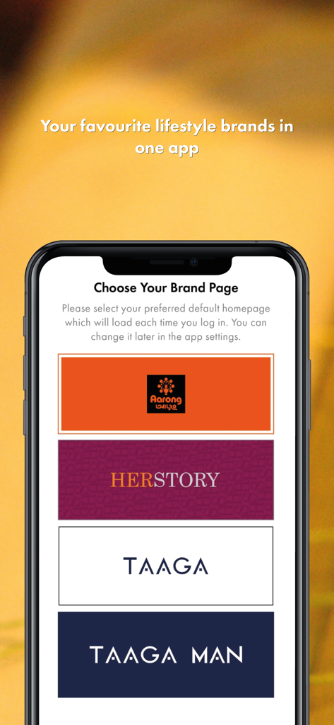 Aarong - Aarong mobile app screen for choosing a default brand page from Aarong Herstory Taaga and Taaga Man