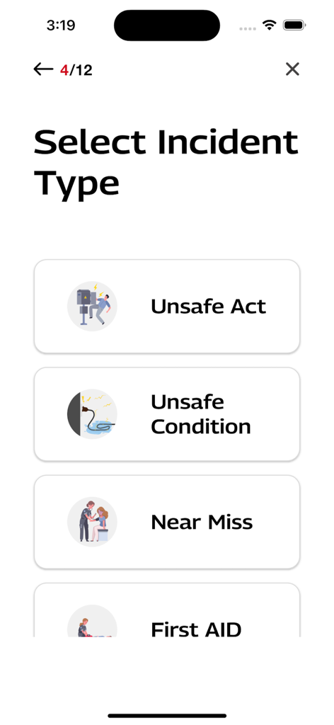 M-Safe mobile app screen for selecting incident types such as Unsafe Act, Unsafe Condition, Near Miss, and First AID