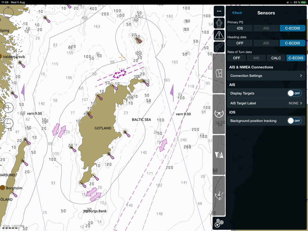 Wartsila BridgeMate app interface showing sensor configuration menu over a maritime chart of the Baltic Sea