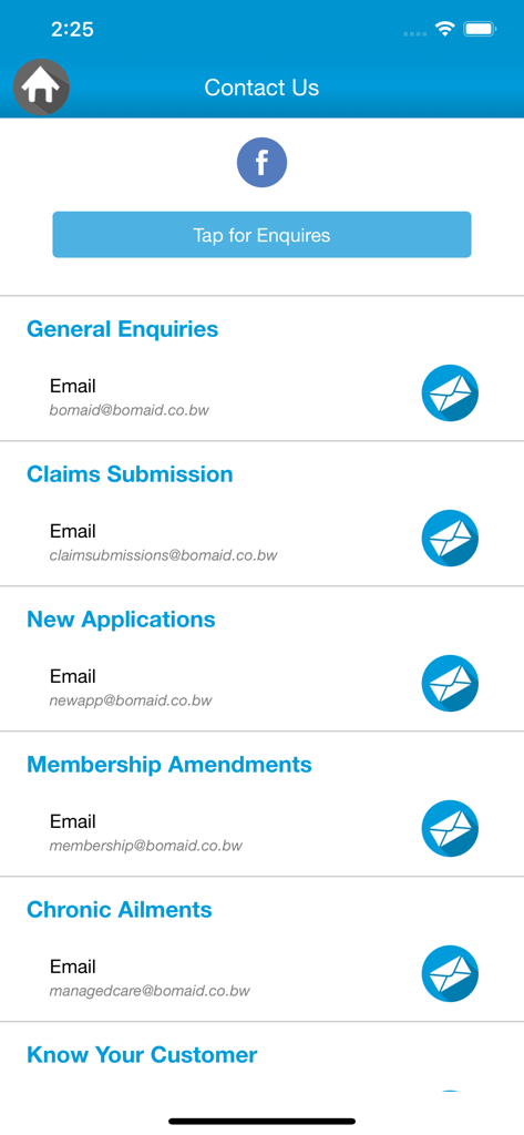 Contact Us screen of the Bomaid app showing email addresses for general enquiries, claims submission, and new applications