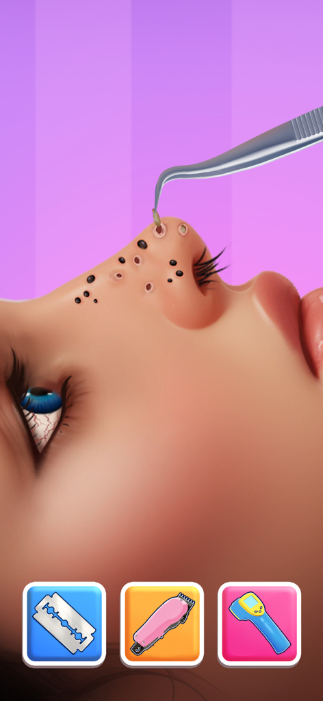 ASMR skin care gameplay showing nose pore cleaning with tweezers and cosmetic tools