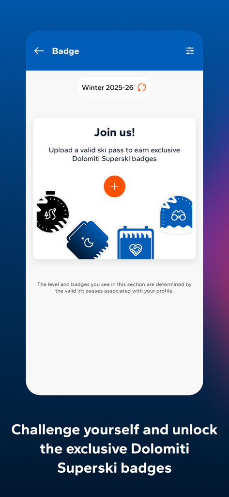 My Dolomiti Winter app screen showing seasonal badges to unlock with a ski pass
