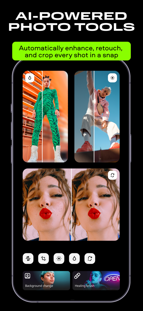Strumenti di ritocco foto e rimozione sfondo basati sull'AI nell'app Movavi Video Editor