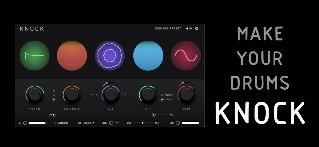 KNOCK music production plugin interface with drum processing controls