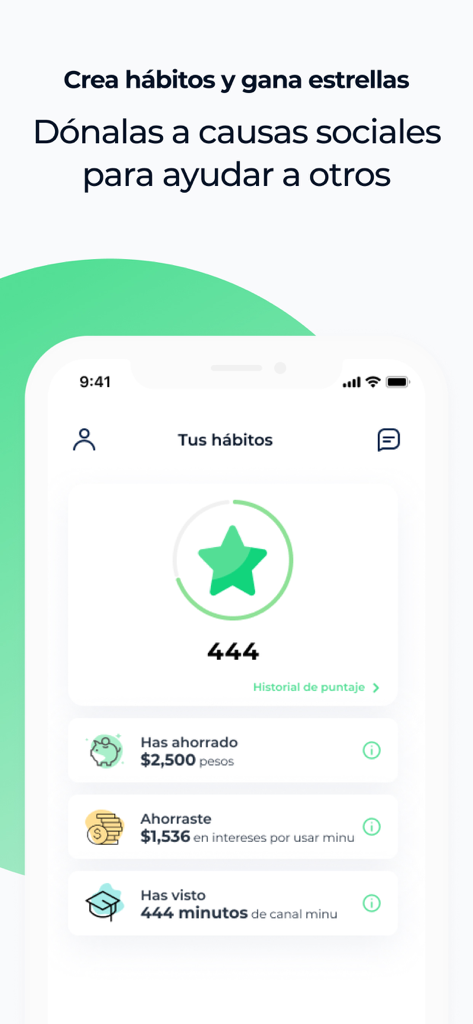 Mobile app screen for Minu showing habit tracking rewards and savings metrics