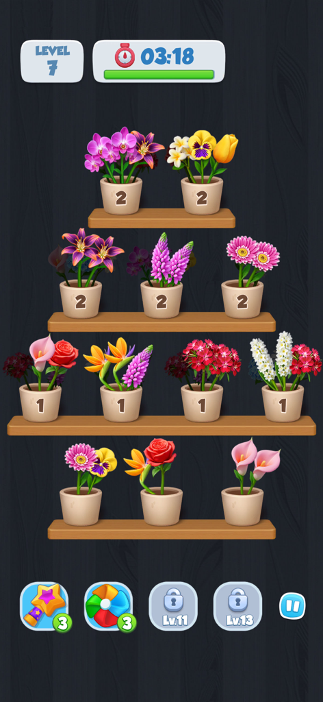 Bloom Match: Flower Blast - Level 7 of Bloom Match gameplay showing colorful flower pots on wooden shelves against a dark background