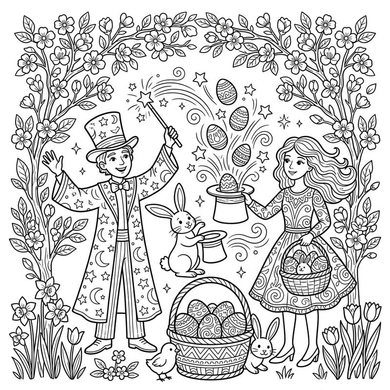 Step into a world where magic meets Easter in this enchanting coloring page. Join two delightful magicians as they perform amazing tricks with Easter eggs and adorable bunnies amidst a blossoming spring landscape.