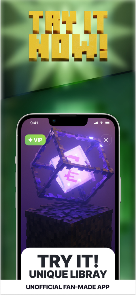 A mobile app screen showcasing a unique library of Minecraft addons with a VIP subscription badge