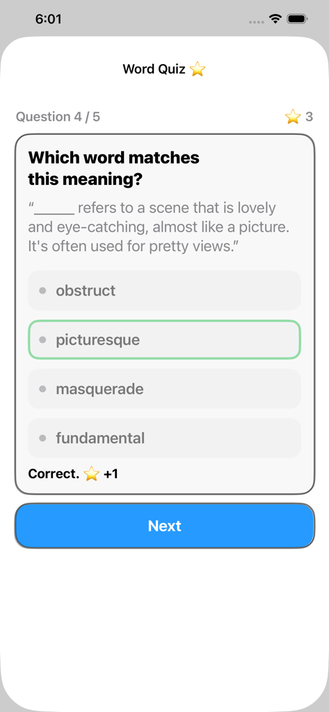 Smart Dictionary - An interactive word quiz screen in the Smart Dictionary app showing a multiple choice question about the word picturesque with a correct answer indicator