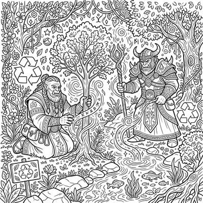 Discover a fantastical fusion with our Orc Warlocks Earth Day coloring page, where powerful spellcasters dedicate their magic to environmental protection. Dive into a richly detailed world of nature, magic, and responsibility, ready for your creative touch.