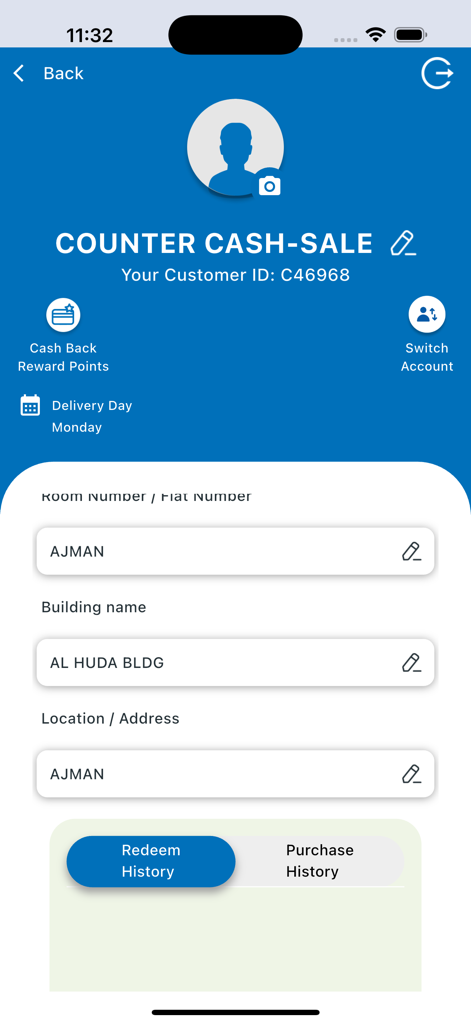 AL HUDA WATER - User profile screen of the Al Huda Water app showing account details and delivery address
