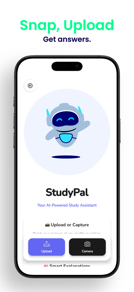 Grade 10,11,12 Mathematics App - Interfaz de la función de asistente de IA de StudyPal en la aplicación de Matemáticas que muestra opciones para cargar o capturar una foto de un problema de matemáticas.
