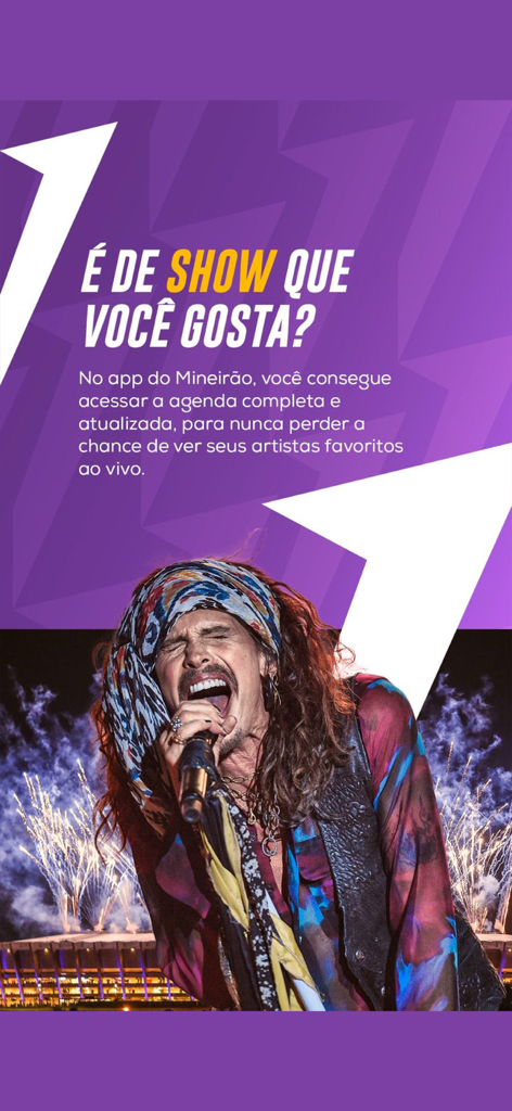 App Mineirão - Mineirao app screen showing a live rock concert performance and stadium event schedule info