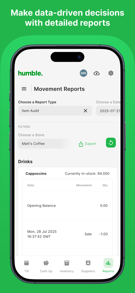 Humble POS - Aplicación móvil Humble POS que muestra informes detallados de auditoría de artículos y movimiento de stock para una cafetería