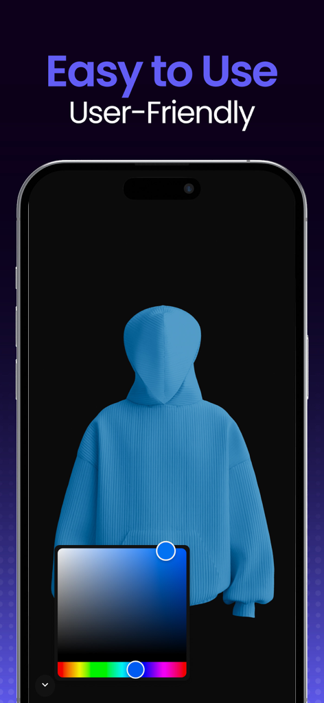 3DMockups - Clothes Designer - Un mockup 3D di una felpa blu su una schermata di smartphone con uno strumento di selezione del colore in un'interfaccia user-friendly