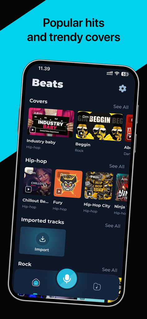 Interface of the Volmix app showing popular beats and covers for music production