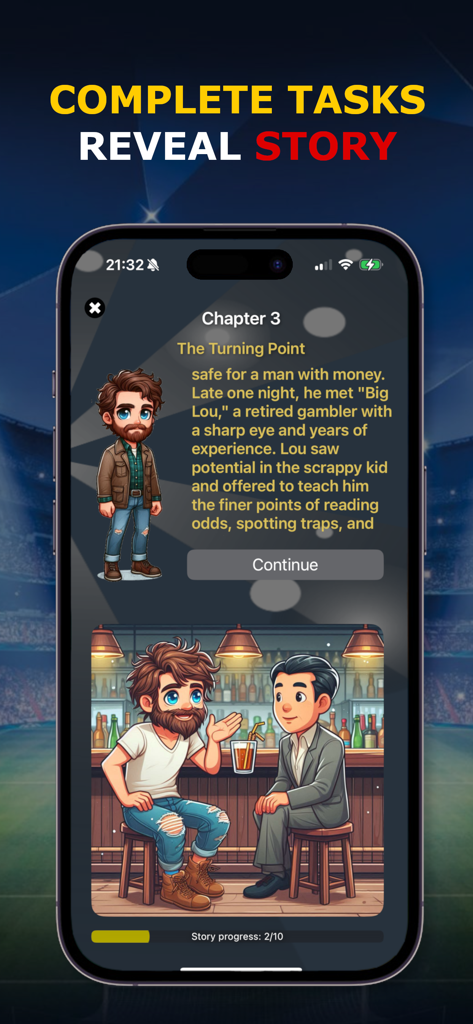 Captura de pantalla del juego de apuestas deportivas Bet Up que muestra el Capítulo 3 del modo historia donde los personajes discuten cuotas de apuestas deportivas en un bar
