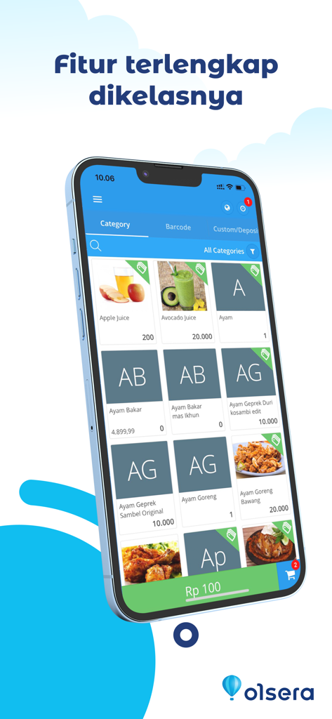 Olsera - Point Of Sale V2 - Olsera Point of Sale app interface displaying a product catalog with food and beverage items on a smartphone