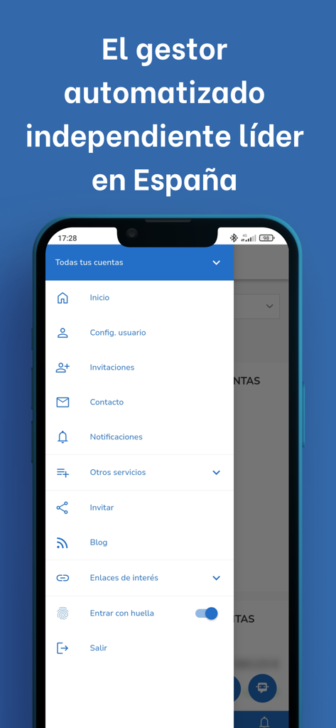 Indexa Capital - Menu di navigazione laterale dell'app mobile Indexa Capital che mostra le opzioni dell'account di investimento e le impostazioni utente