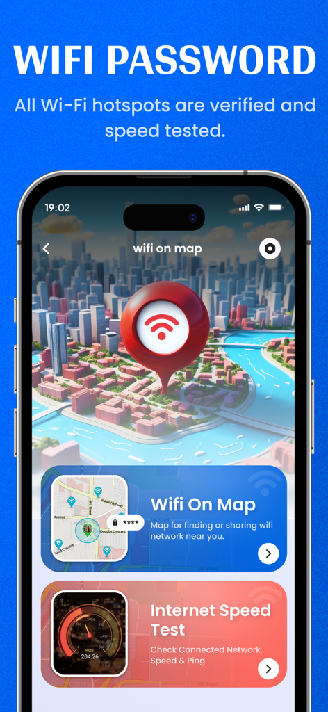 Interface of the WiFi Password Map app showing a map of hotspots and an internet speed test tool