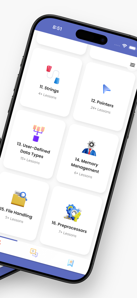 Learn C Programming - Guide - Pantalla de la aplicación móvil que muestra una cuadrícula de temas de lecciones de programación C como punteros y gestión de memoria