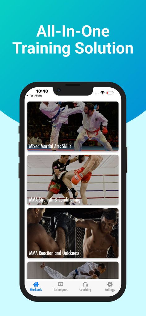 MMA Mixed Martial Arts - Interface of the MMA Mixed Martial Arts app showing various training categories like skills and conditioning