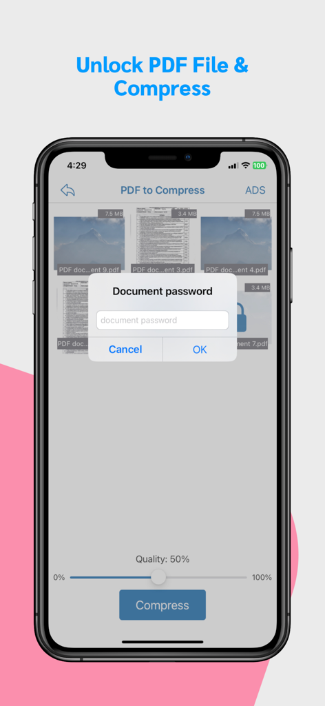 圧縮前にPDFファイルをロック解除するパスワードプロンプトを示すモバイルアプリのインターフェース。