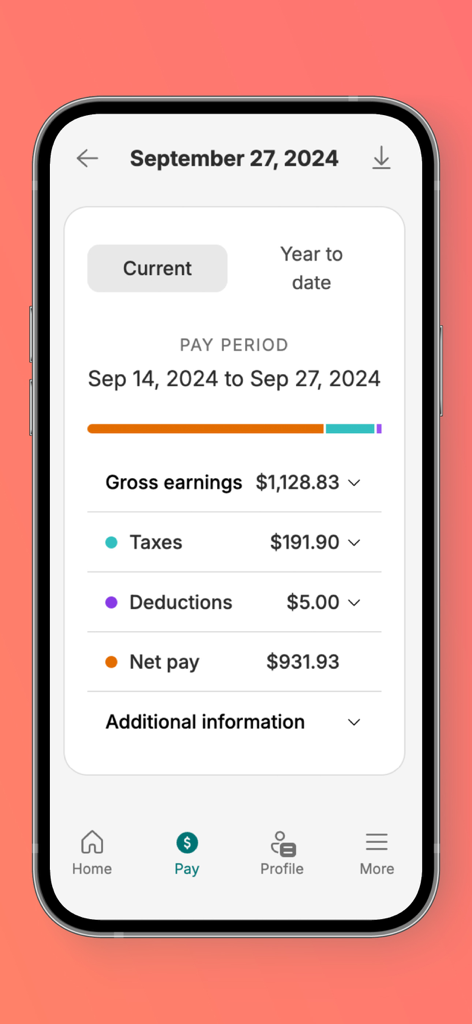 Payworks Self Service - Uma tela móvel mostrando um extrato de pagamento digital detalhado com ganhos brutos, impostos e salário líquido no aplicativo Payworks Self Service.