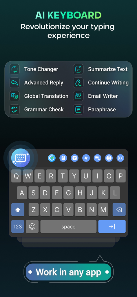 AI Chat: AI Chatbot 5 0 - Interface do Teclado AI com ferramentas de escrita como verificação gramatical e tradução.
