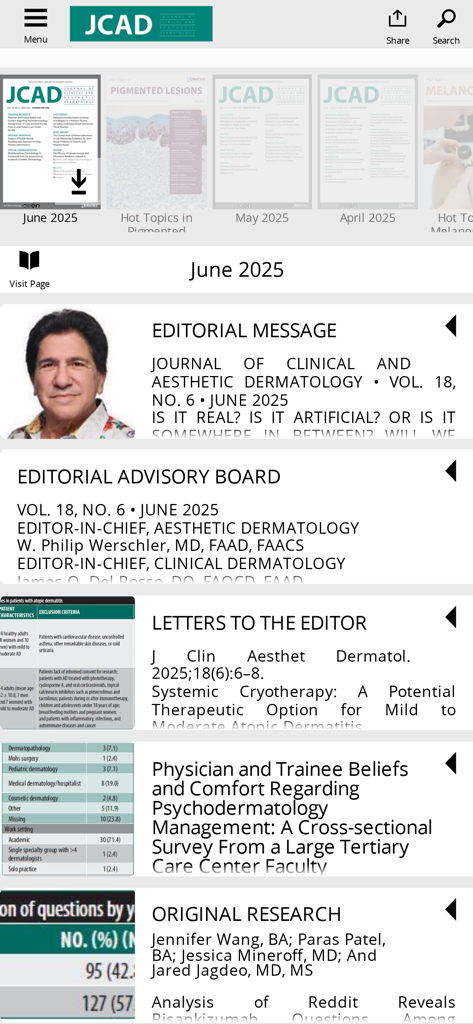 The mobile interface of the JCAD app showing recent dermatology journal issues and a list of research articles from the June 2025 edition.