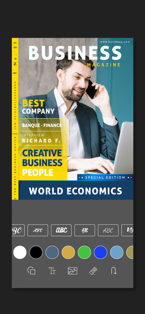 Interface of a mobile banner maker app showing a business magazine cover template with text and color editing tools