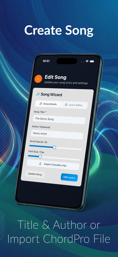 LyricsFlow Pro - Screenshot of the LyricsFlow Pro song wizard showing fields for title author scroll speed and chordpro file import