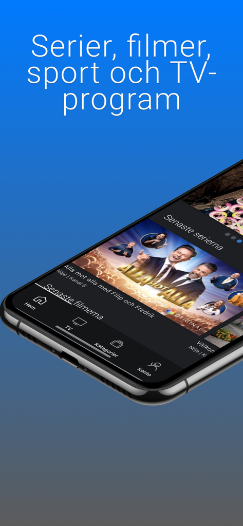 Telenor Stream - A smartphone screen displaying the Telenor Stream app with categories for series, movies, sports, and TV programs.