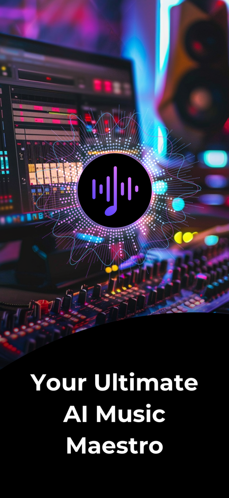 Lamucal AI Music Maestro slogan displayed over a professional music production studio background