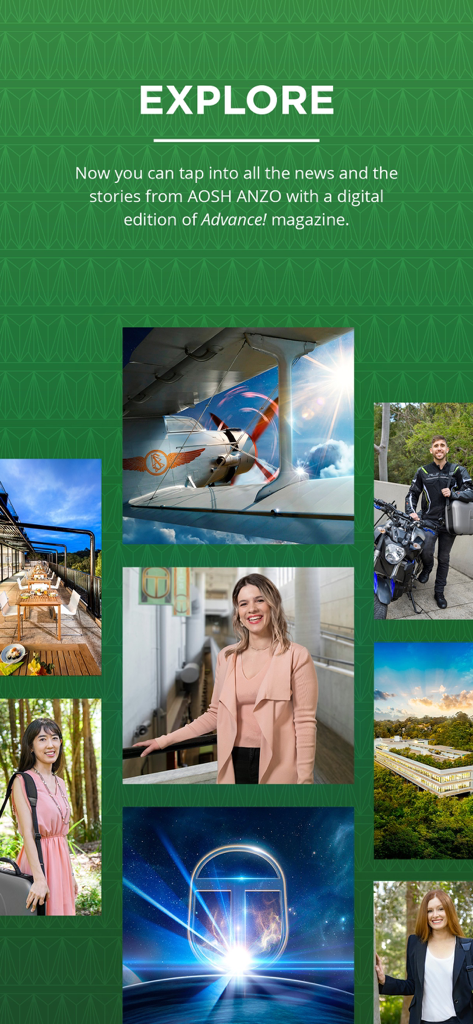 Advance! ANZO - A collage of photos showing people and the AOSH ANZO facility under the heading Explore news and stories