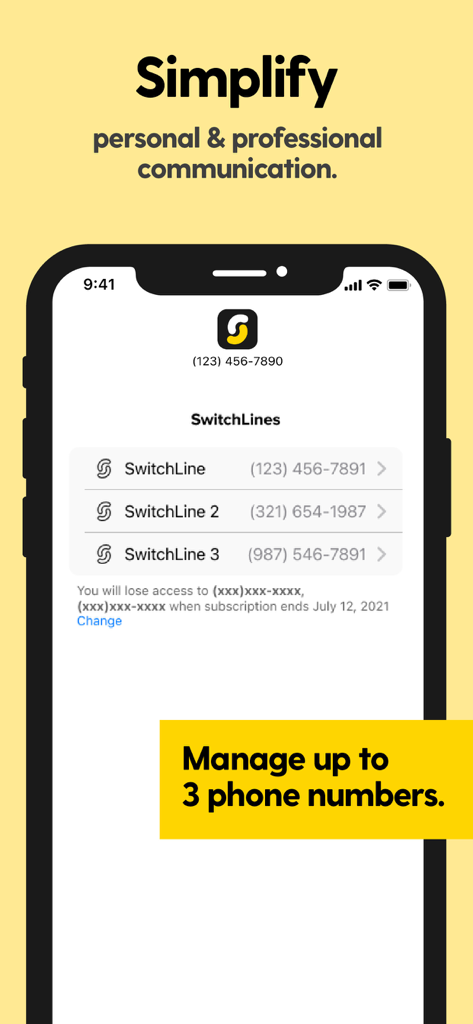 SwitchUp app screen showing management of three separate phone numbers