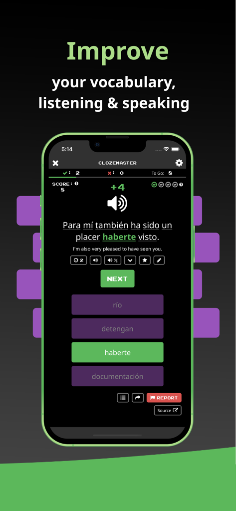 Clozemaster: Expand Vocabulary - A Spanish vocabulary cloze test on the Clozemaster app where a user completes a sentence by choosing the correct word from multiple choice options.