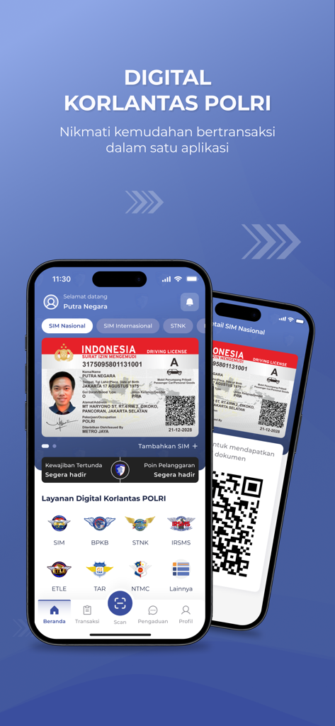 Aplicación móvil Digital Korlantas POLRI mostrando licencia de conducir digital y servicios