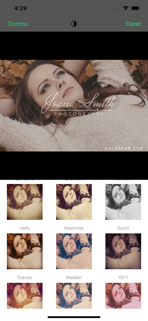 Easy Watermark:Add to Pic,Movi - Interface of the Easy Watermark app showing a watermarked photo with various filter presets like Hefe and Nashville