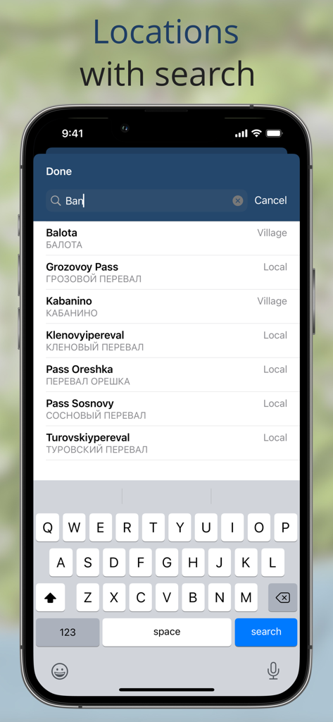 Search interface in iZurvive app showing a list of DayZ map locations and landmarks