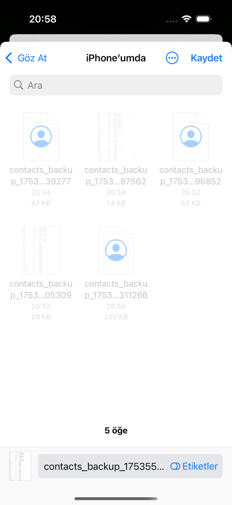 Contacts Backup- 3000 - A list of exported contact backup files in vCard and CSV formats stored locally on an iPhone