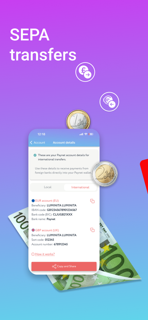 Paynet Wallet app screen displaying SEPA transfer and international IBAN account details for EUR and GBP.
