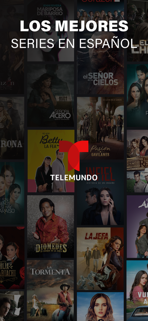 Telemundo: Series y TV en vivo - Collage von beliebten spanischsprachigen TV-Serienpostern in der Telemundo-App.