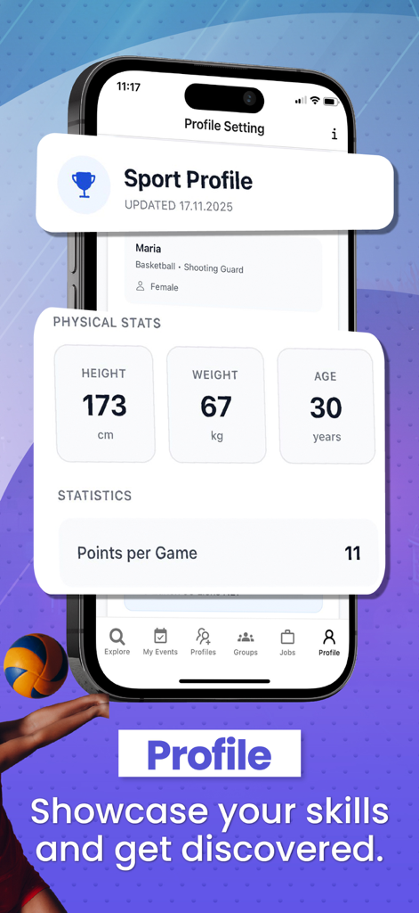Mobile app screen showing an athlete profile with physical statistics and basketball performance metrics