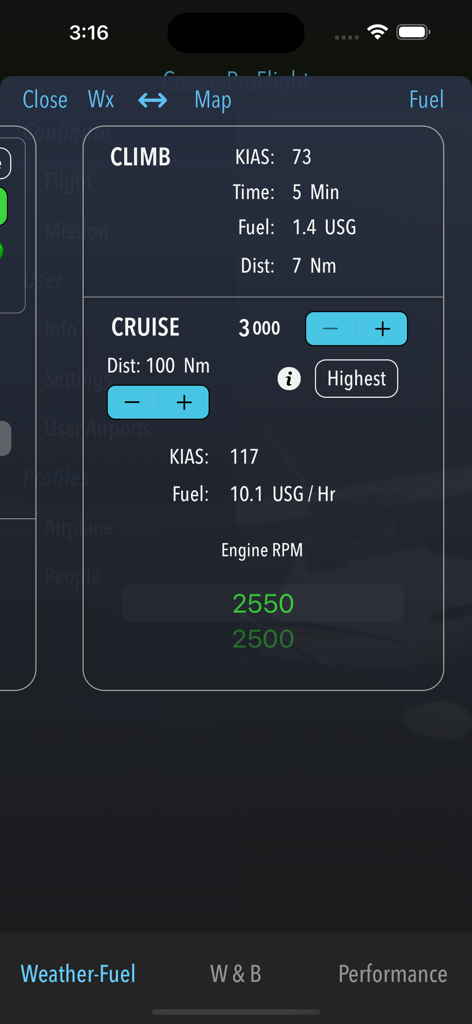 CessnaProFlight app showing climb and cruise performance data for pilot flight planning