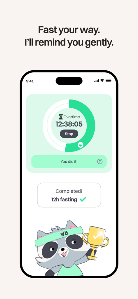 WeightBuddy: Calorie Tracker - Application WeightBuddy montrant un minuteur de jeûne intermittent et un objectif atteint avec une mascotte festive.